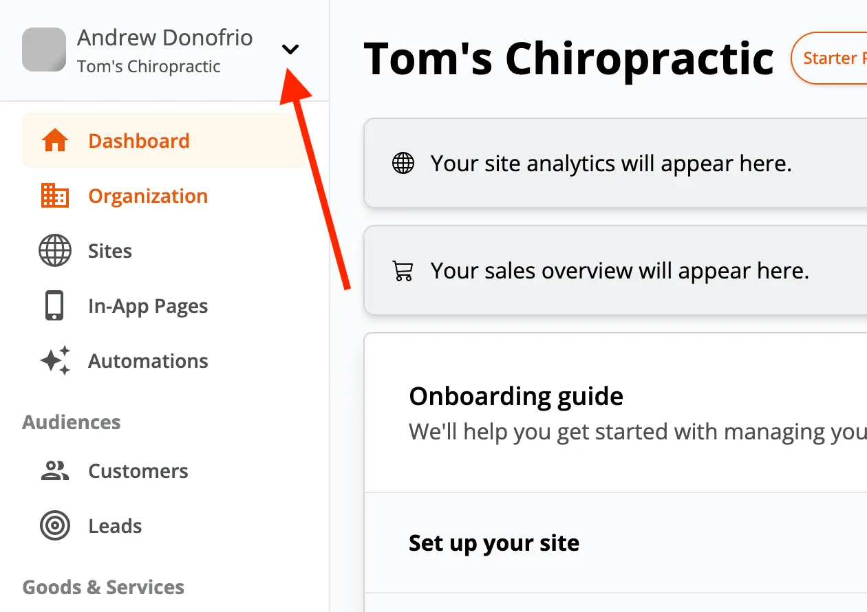 Zipper admin with the organization toggle in the upper-left corner highlighted