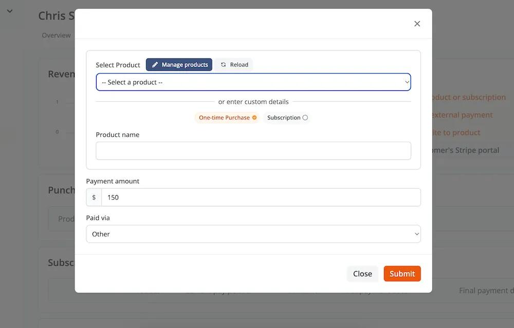 Track external payment form with package, product, and credit options