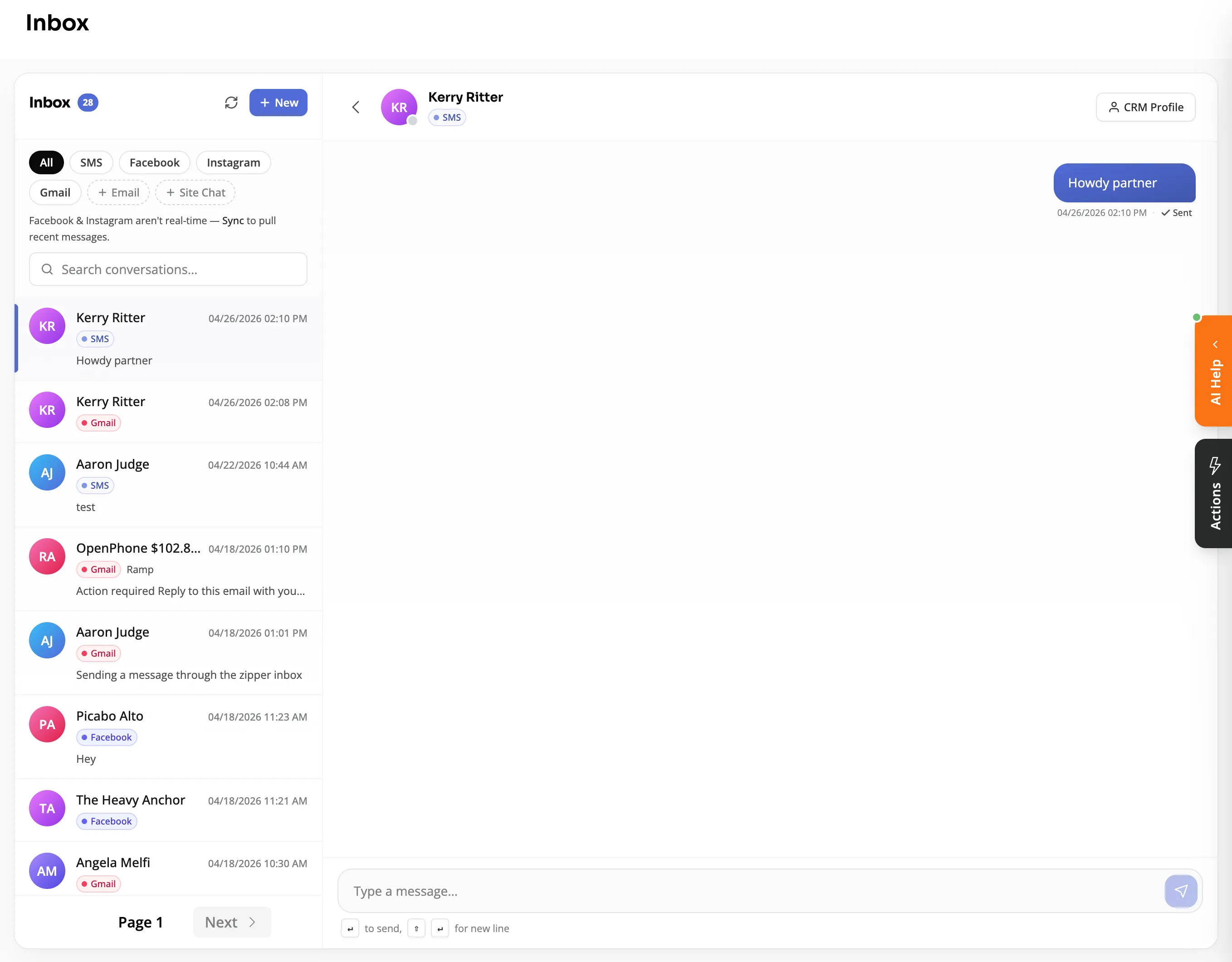 Unified communications inbox in Zipper showing SMS, email, Facebook, Instagram, and website chat in one place