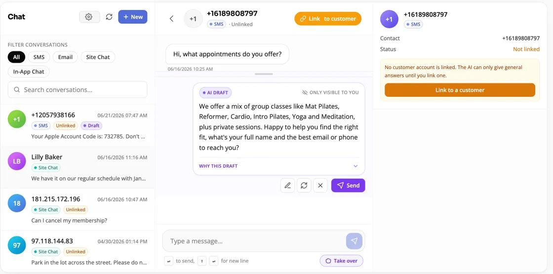 Unified inbox showing an AI-drafted reply next to the conversation list
