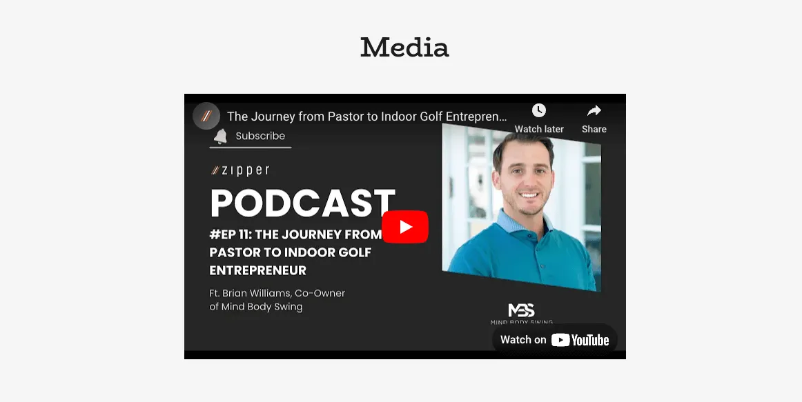 Embedded video showing on a published Zipper website
