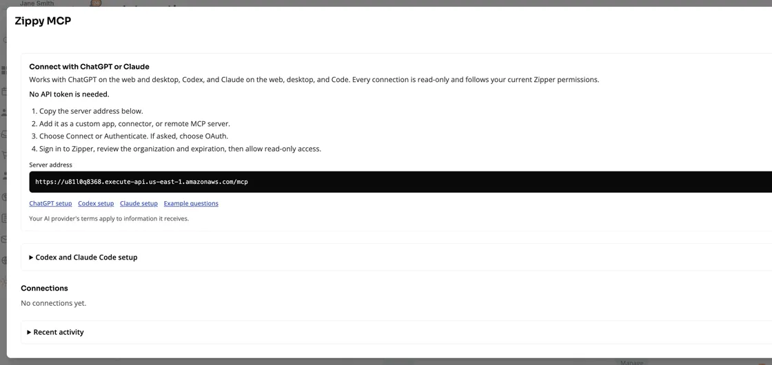 Zipper MCP settings for connecting ChatGPT or Claude