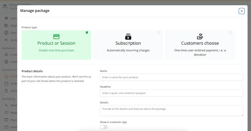 Zipper product types selection screen