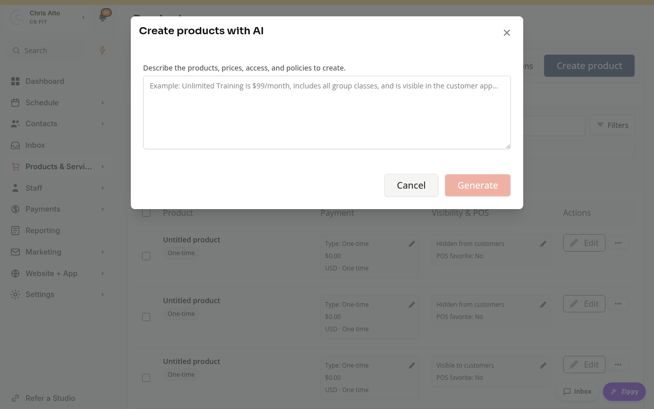 The Create products with AI description form