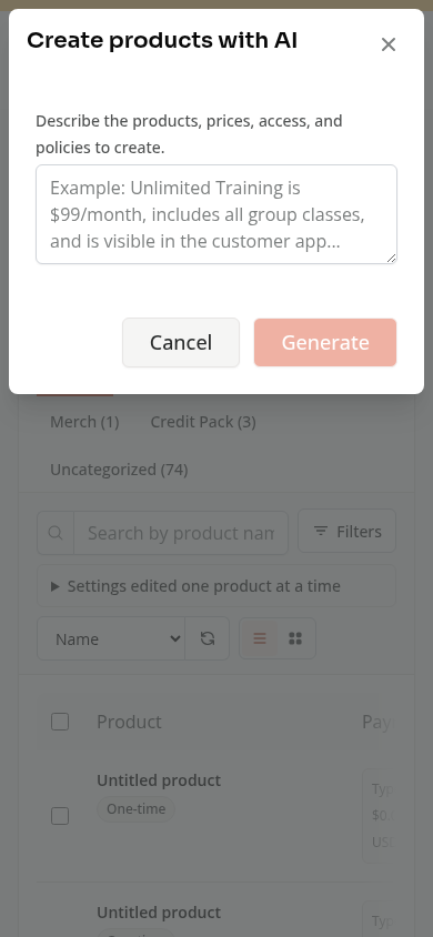 The AI product description form on a phone