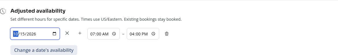A date-specific adjustment with its start and end time