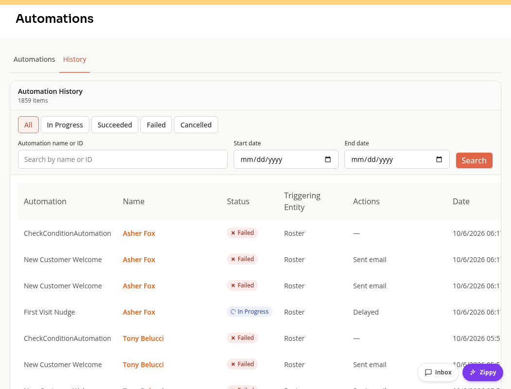 Automation History with status filters and recorded actions