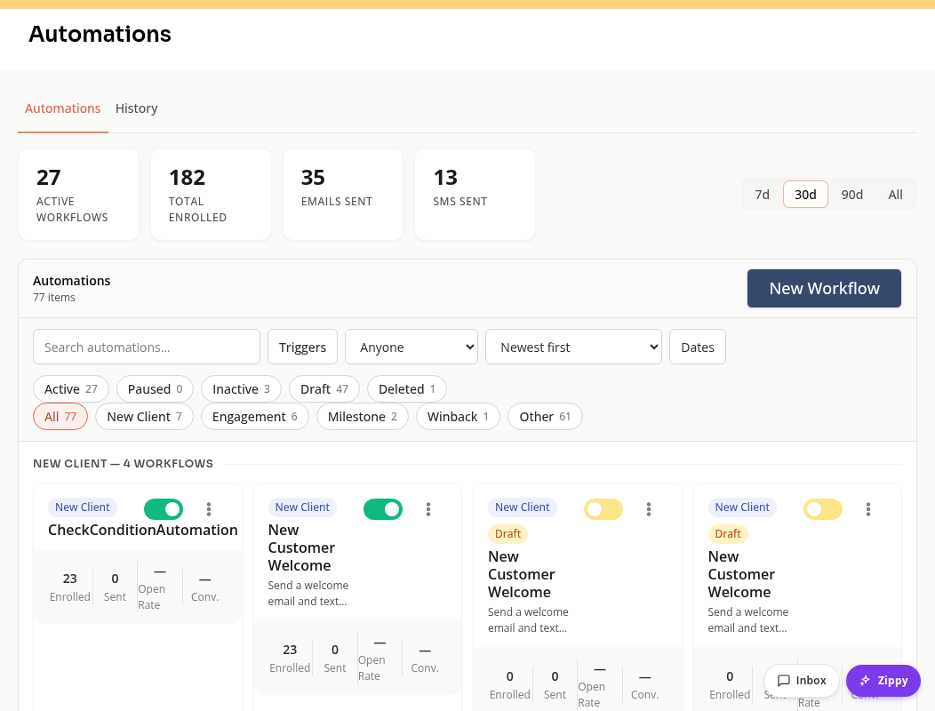 The Automations list with enabled, inactive and draft workflows