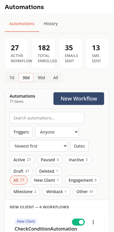 The Automations list on a phone