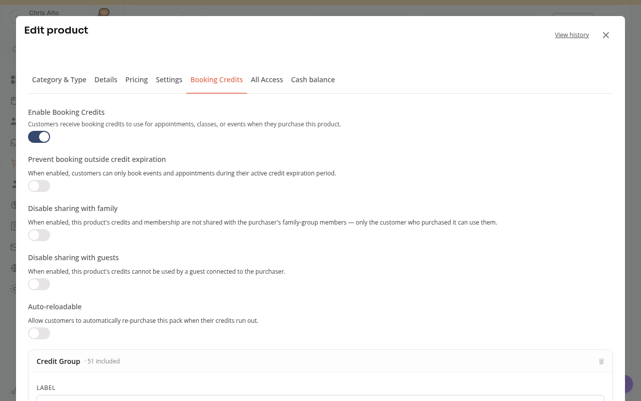 A product's Booking Credits tab showing the credit count, expiration and included services