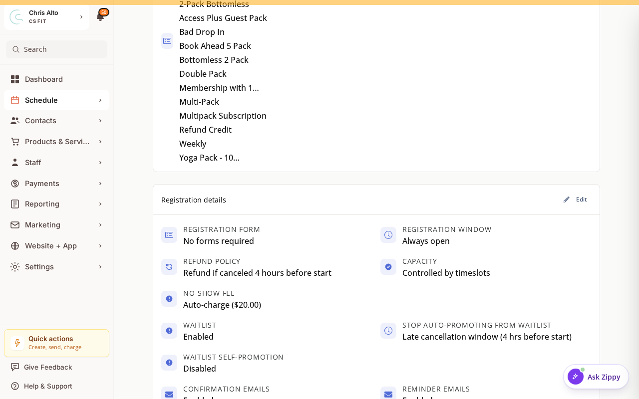 The Edit Class Registration details card showing the Registration window setting