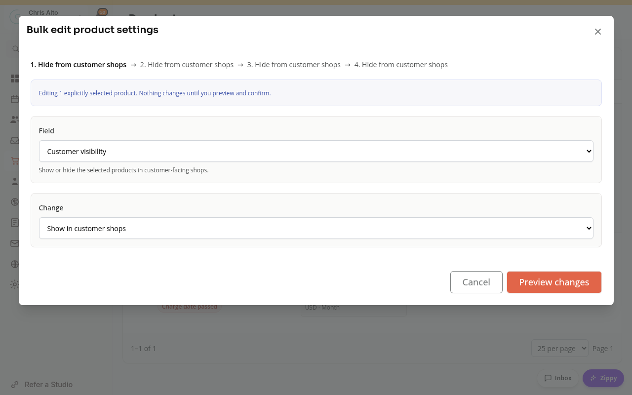 The bulk product editor with Field and Change controls