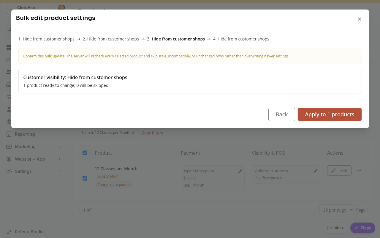 The final bulk-edit confirmation with the operation and affected product count