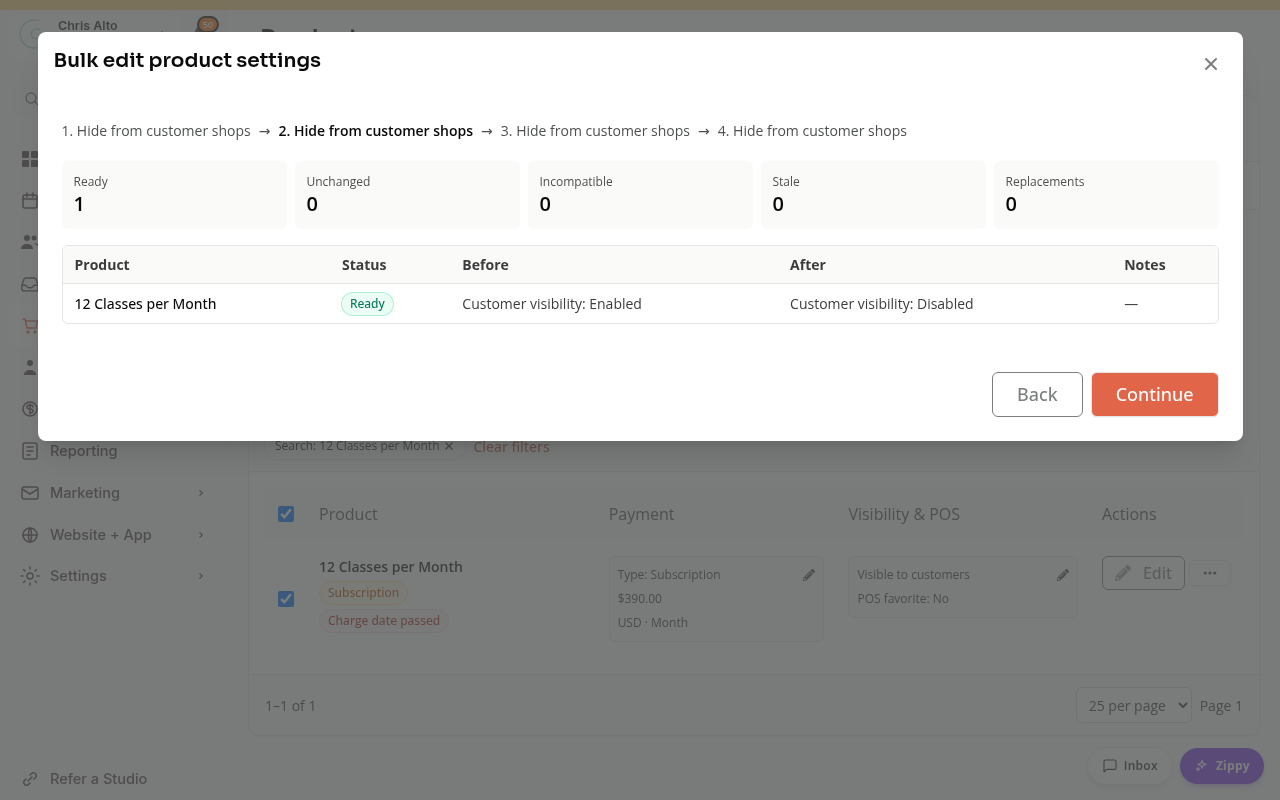 A bulk preview with one ready product and its before and after visibility values