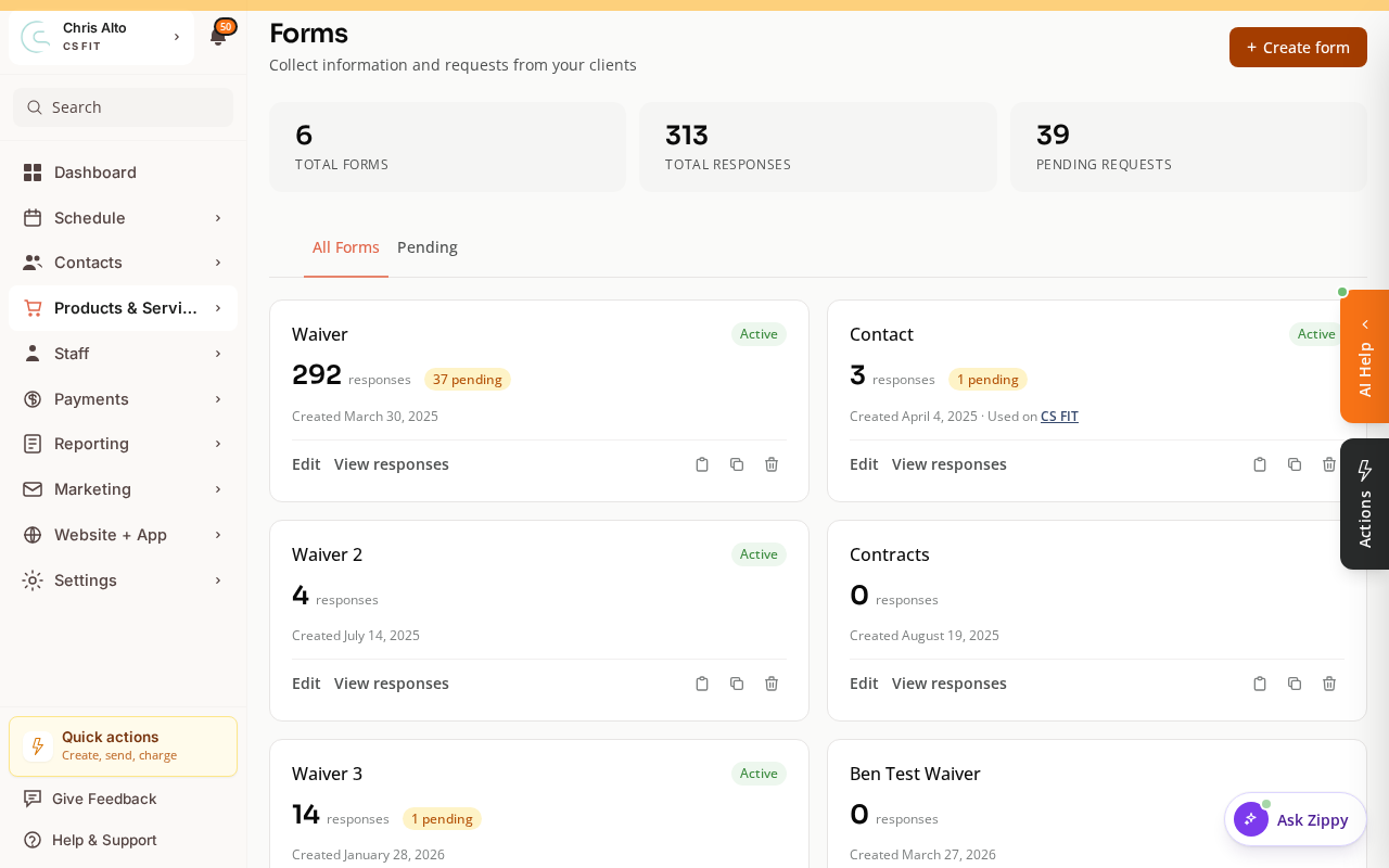 The Forms page in Zipper, where you build native intake forms and waivers