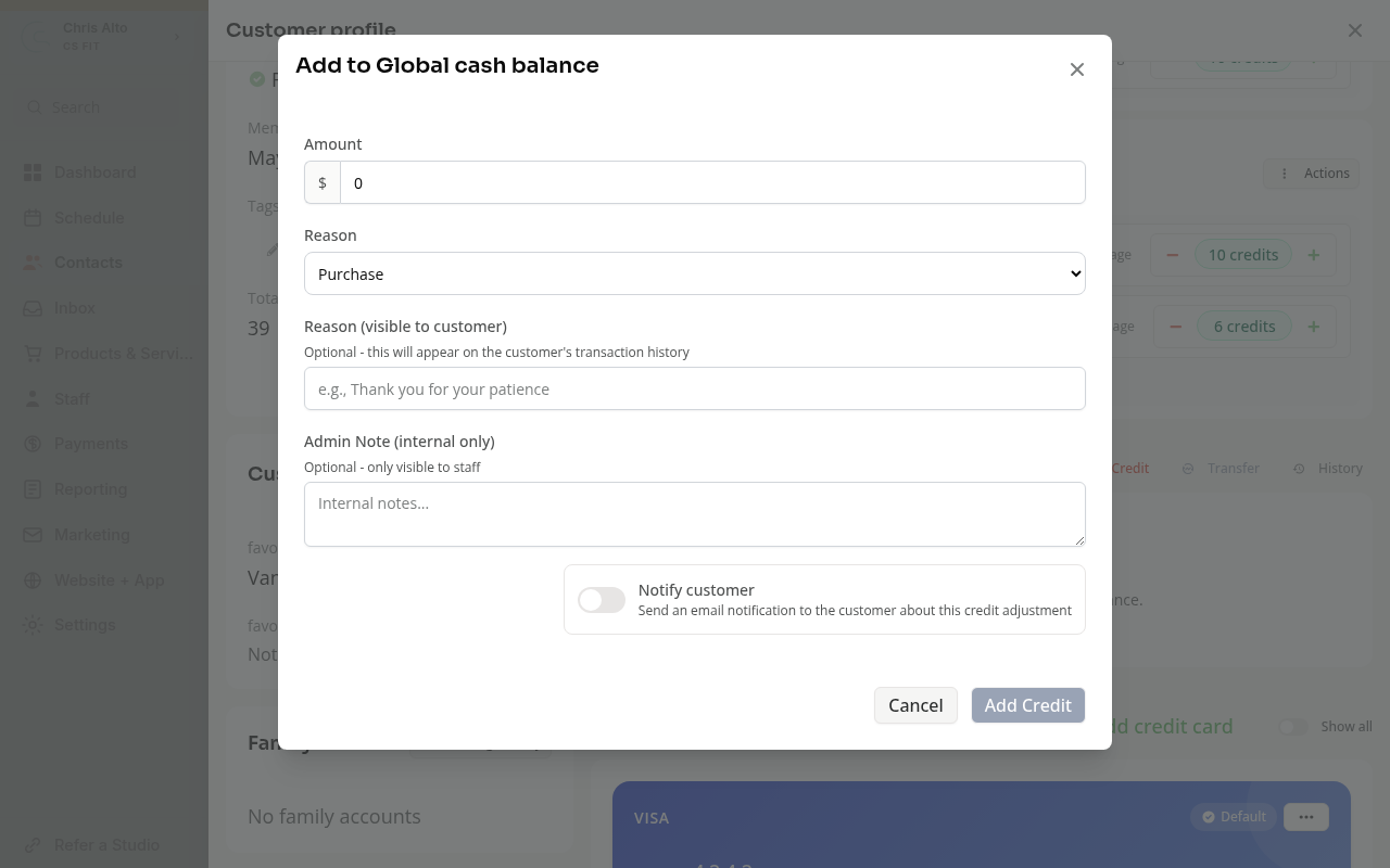 The Add to Global cash balance form with an amount, reason, notes and customer notification option