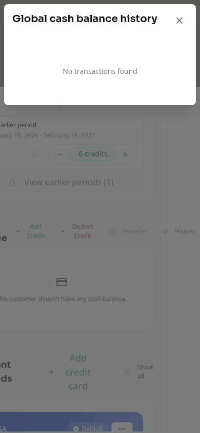 An empty global cash balance history on a phone