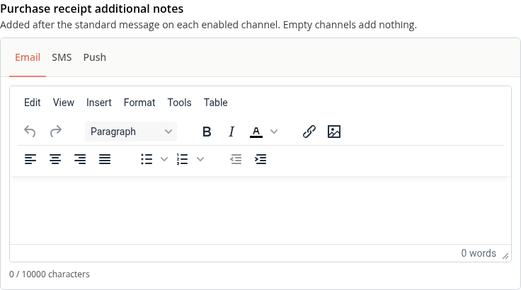 The product's Purchase receipt additional notes editor