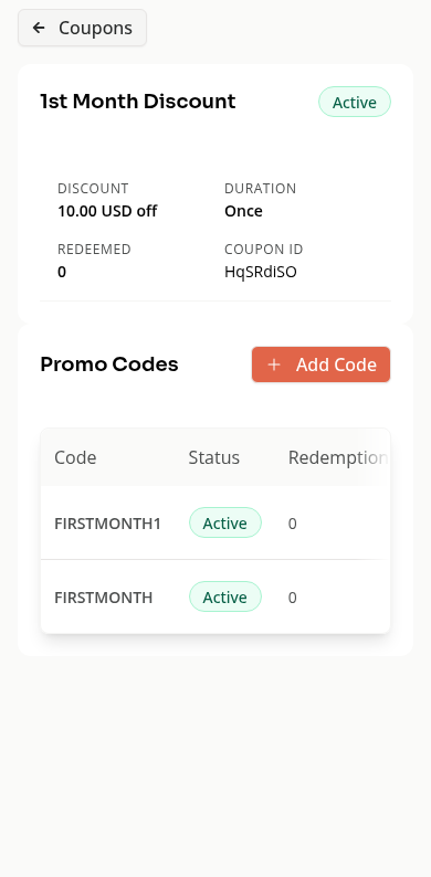 A coupon's existing promo codes on a phone