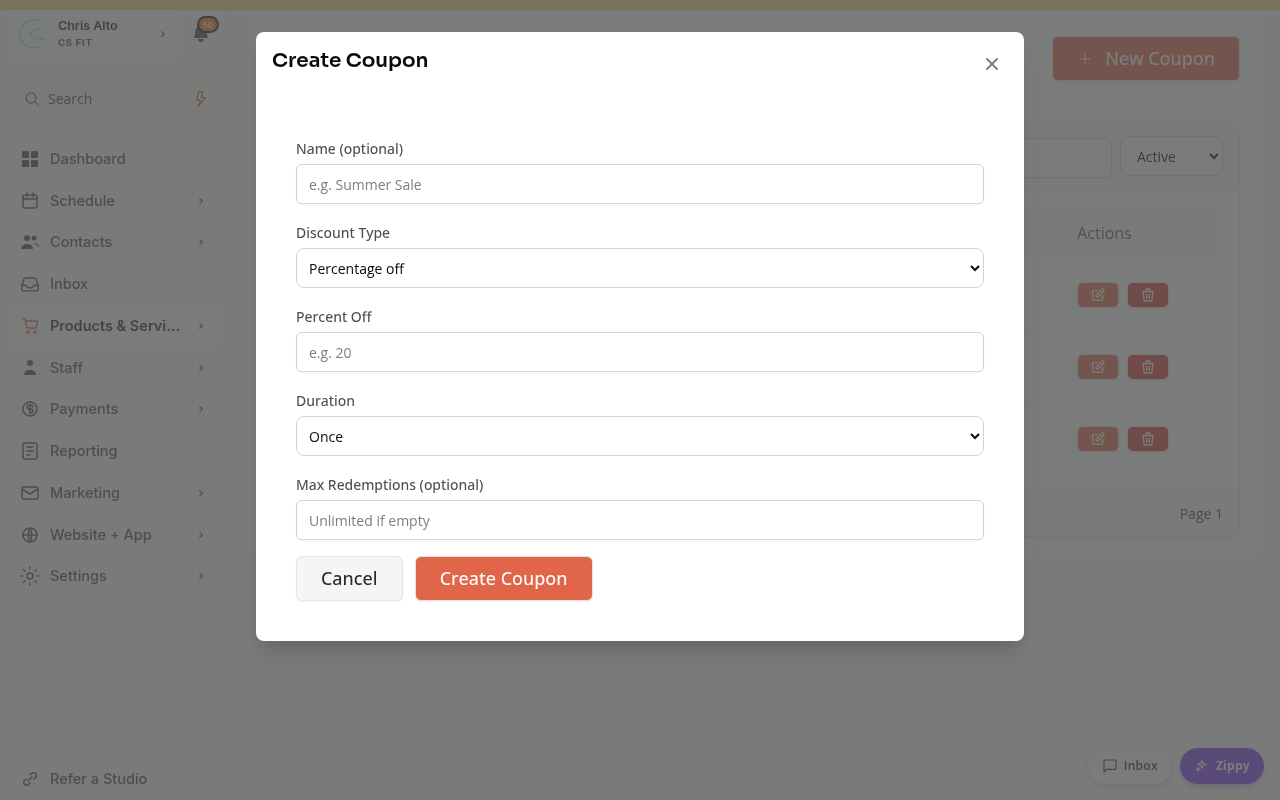 The Create Coupon form with discount type, value, duration and redemption limit