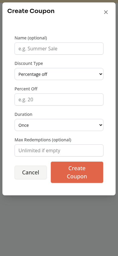 The Create Coupon form on a phone