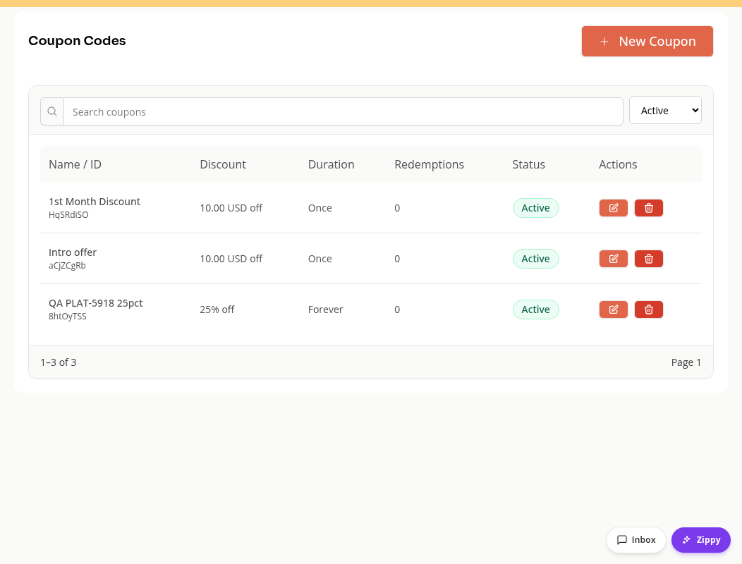The Coupon Codes page showing discounts, durations and active status