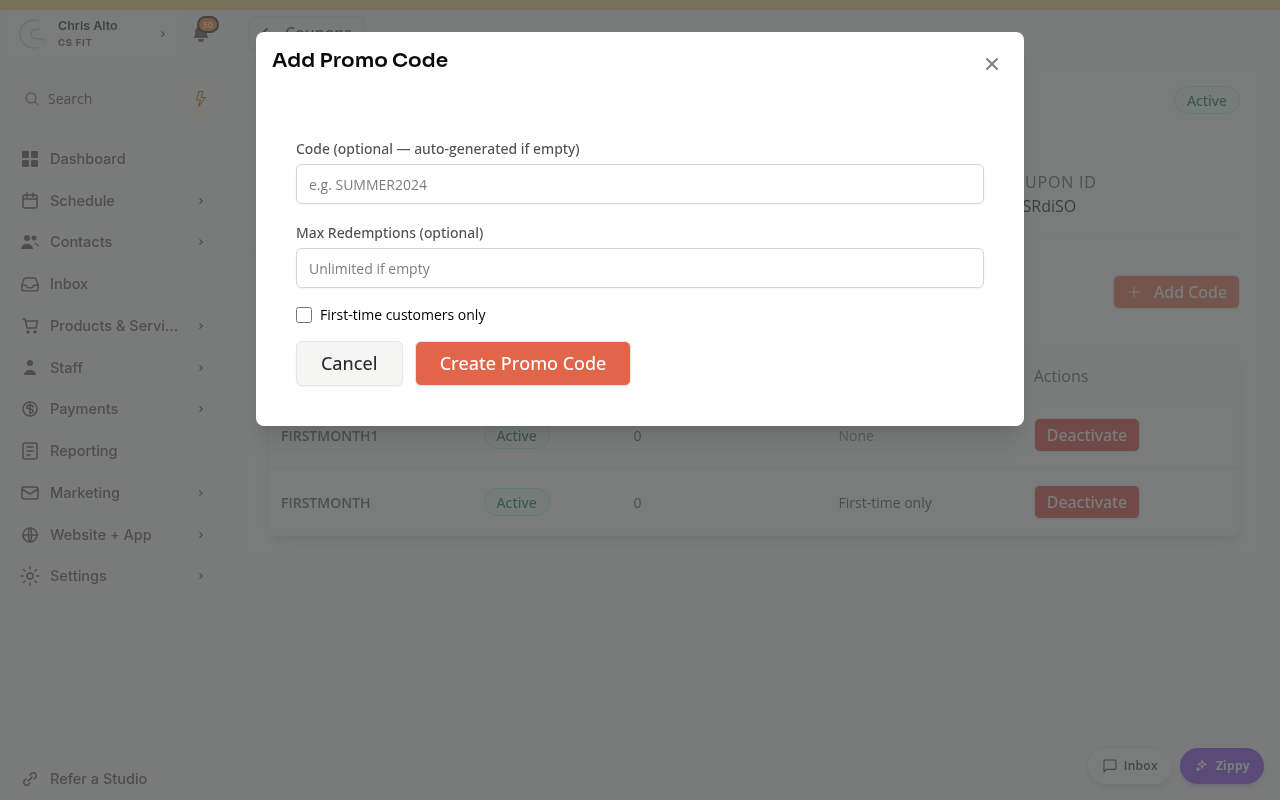 The Add Promo Code form with code, redemption limit and first-time customer restriction