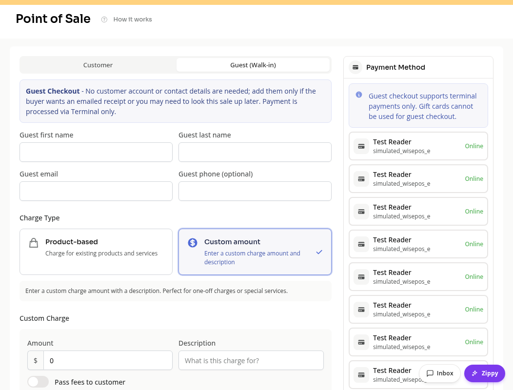 Guest checkout with optional contact fields and a custom amount form