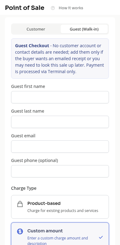 Guest custom-charge checkout on a phone