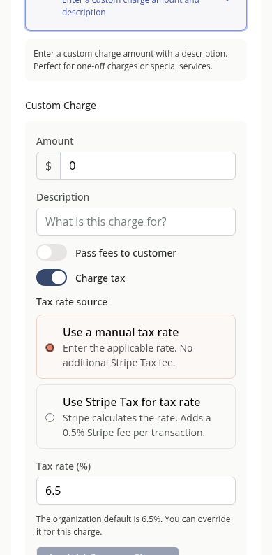 Custom-charge tax source and default rate on a phone