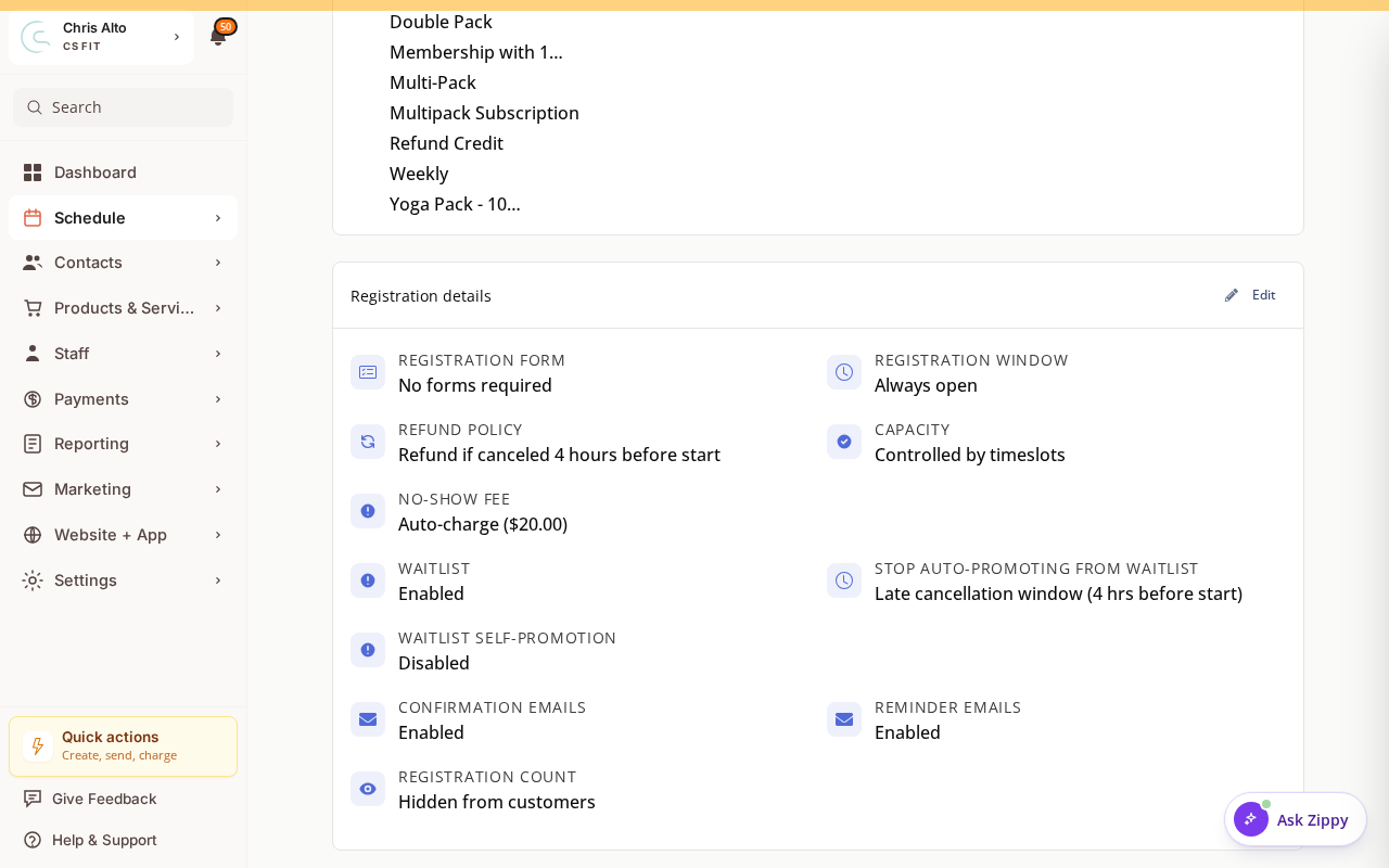 The Edit Class page where capacity and waitlist behavior are configured per class