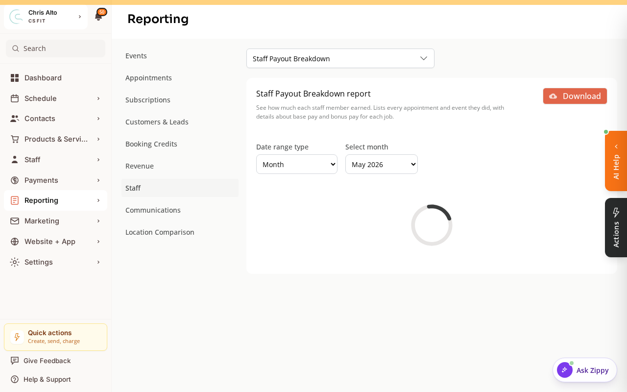 The Reporting page with the Staff category selected for payroll/instructor reports