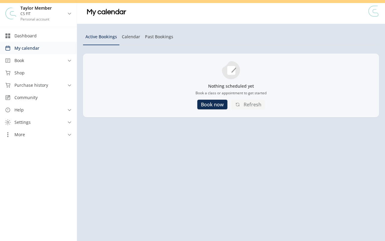 The member My calendar page on the Active Bookings tab, where upcoming bookings appear