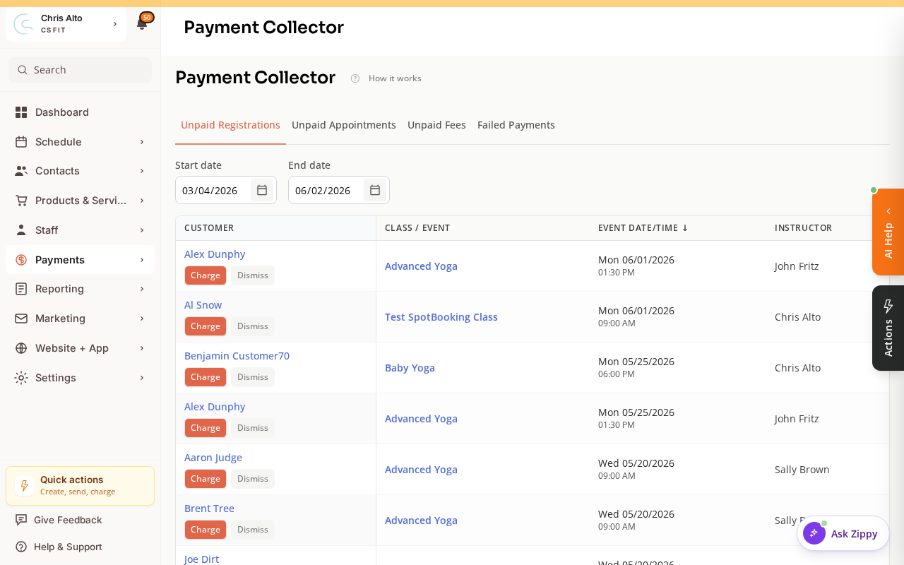 The Payment Collector page with Unpaid Registrations, Unpaid Appointments, Unpaid Fees, and Failed Payments tabs, listing customers with Charge and Dismiss actions