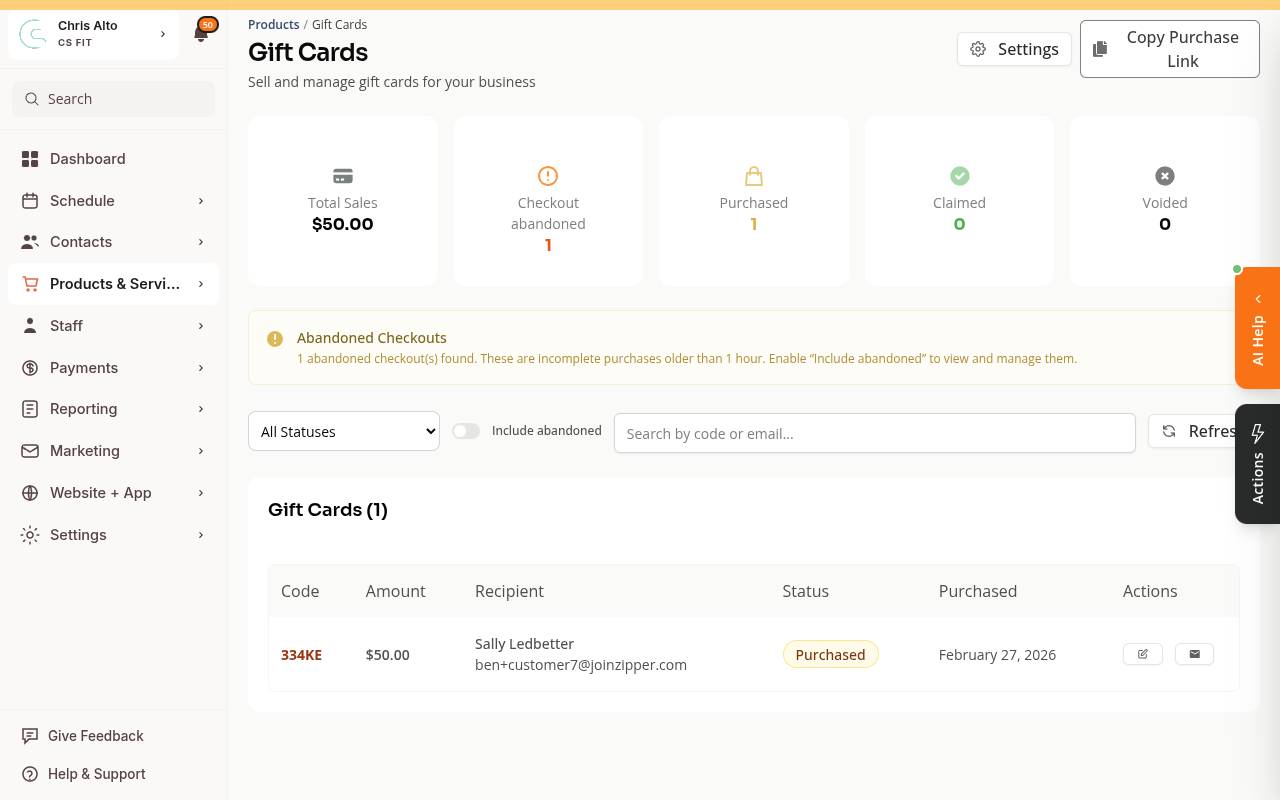 The Gift Cards page showing summary stats, a list of sold gift cards, and Settings and Copy Purchase Link buttons