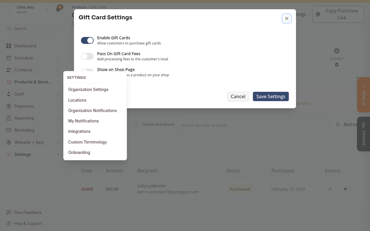 The Gift Card Settings modal showing Enable Gift Cards, Pass On Gift Card Fees, and Show on Shop Page toggles