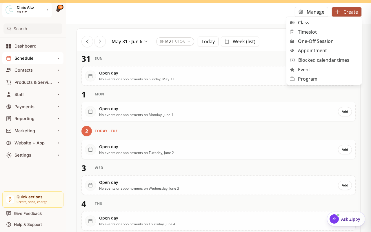 The calendar Create menu showing Timeslot, One-Off Session, Appointment, and Blocked calendar times