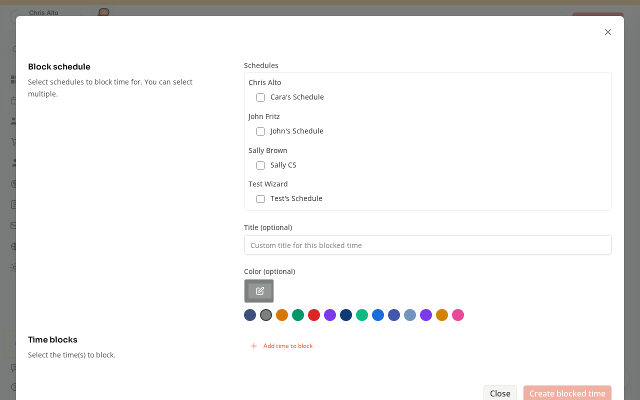 The Block schedule window with schedule checkboxes, an optional title and color, and a Create blocked time button