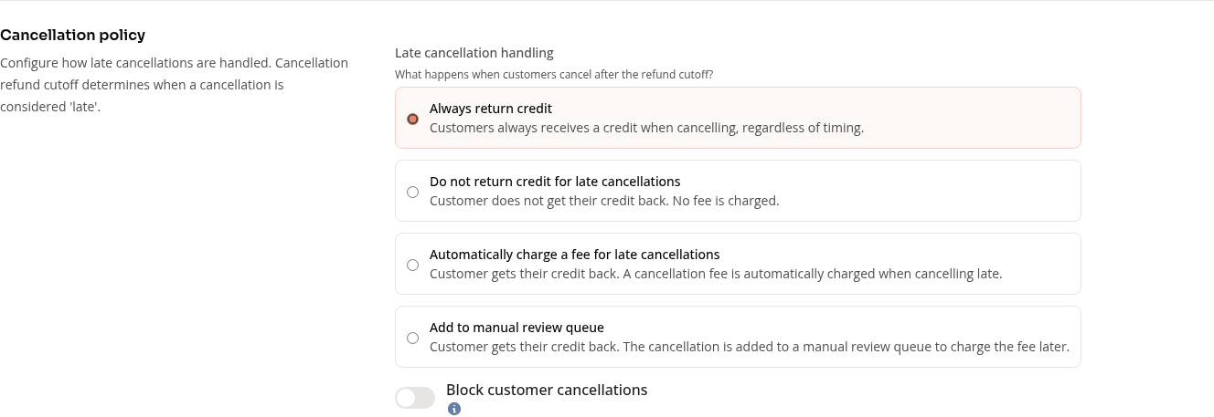 Appointment Cancellation policy showing the four cancellation choices