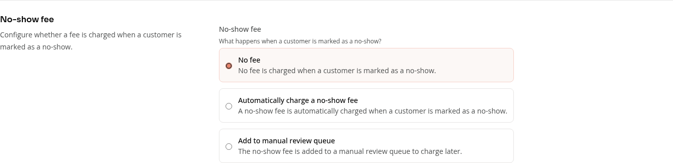 Appointment No-show fee choices applied when staff marks a no-show