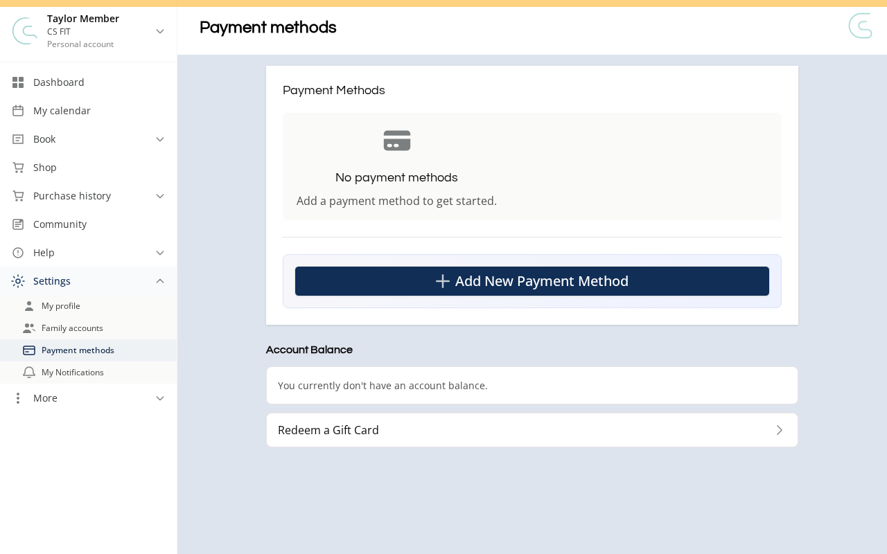 The member Payment methods page with an Add New Payment Method button and account balance