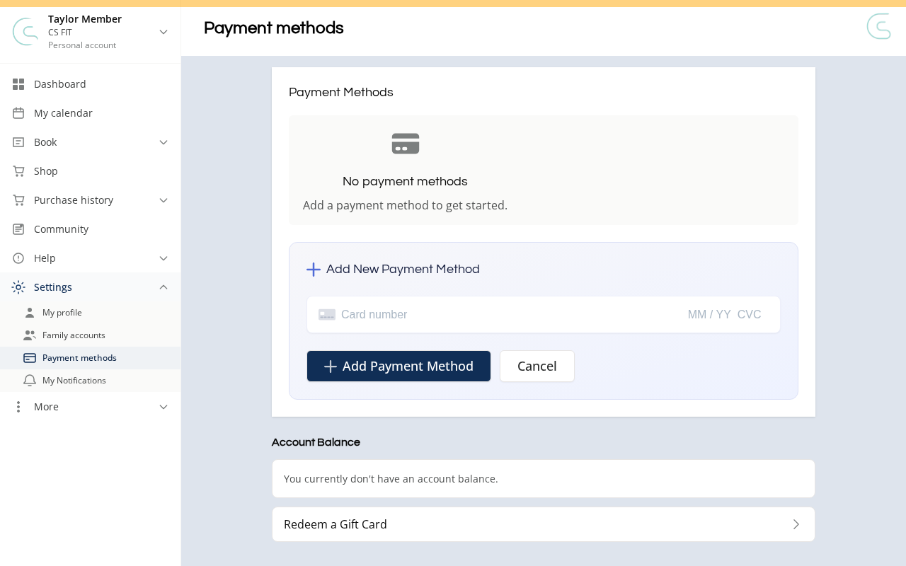 The member Payment methods page with the card entry form open