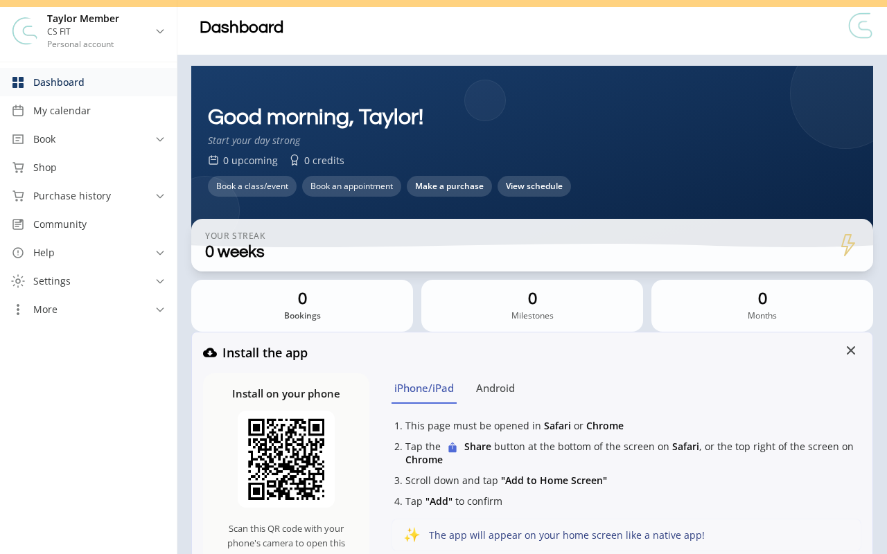 The member dashboard with a Your calendar section and upcoming bookings count