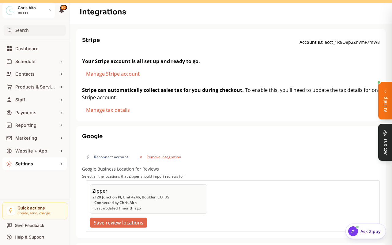 The Integrations page Stripe section with a Manage Stripe account link