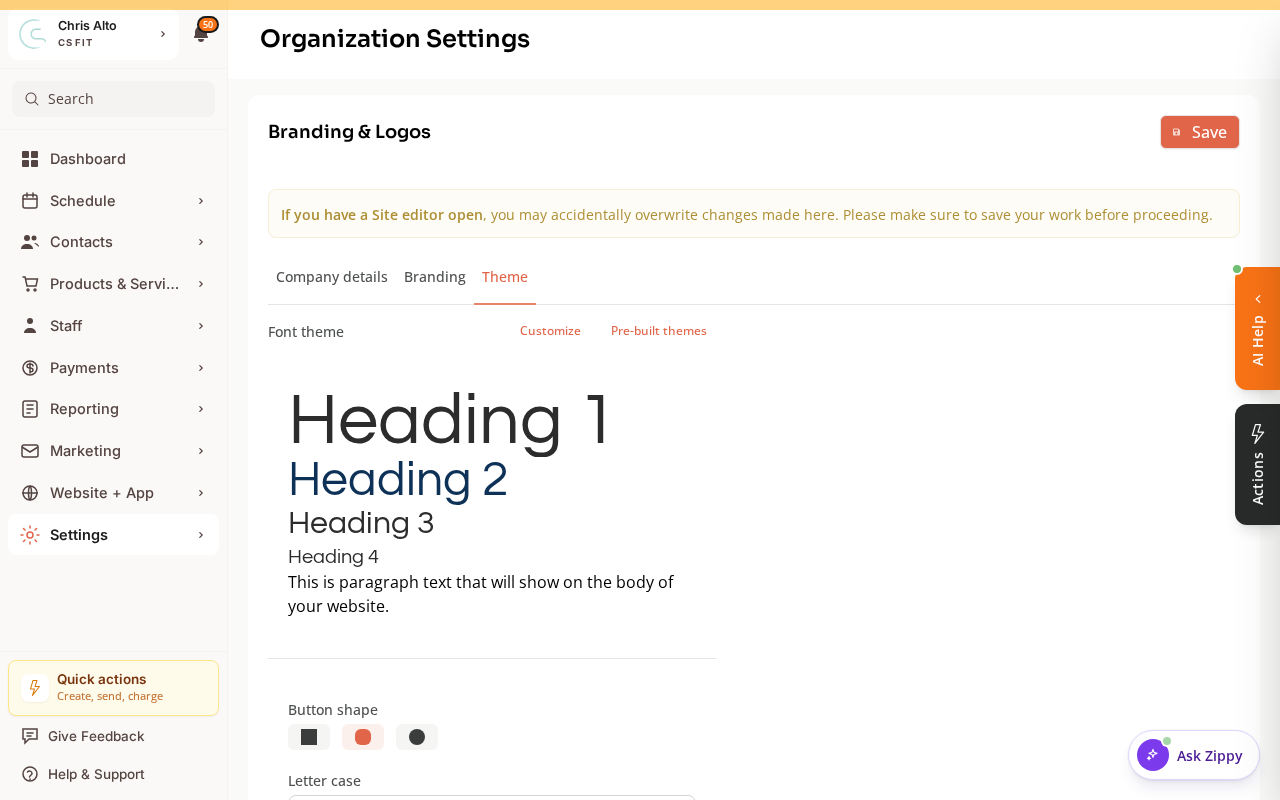 The Theme tab of Organization Settings showing the Font theme with a heading/body preview, Customize, and Pre-built themes