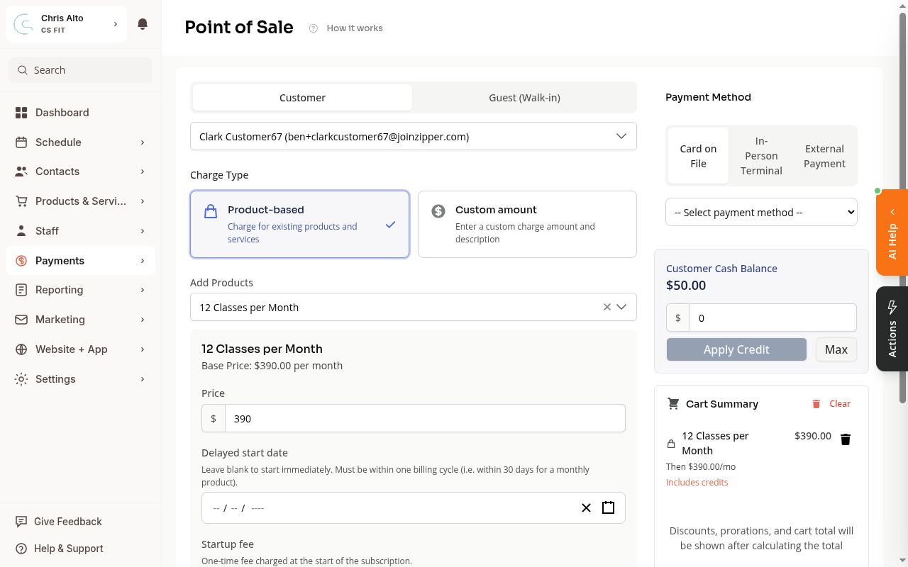 Point-of-Sale showing the Customer Cash Balance section with $50.00 available and Apply Credit button