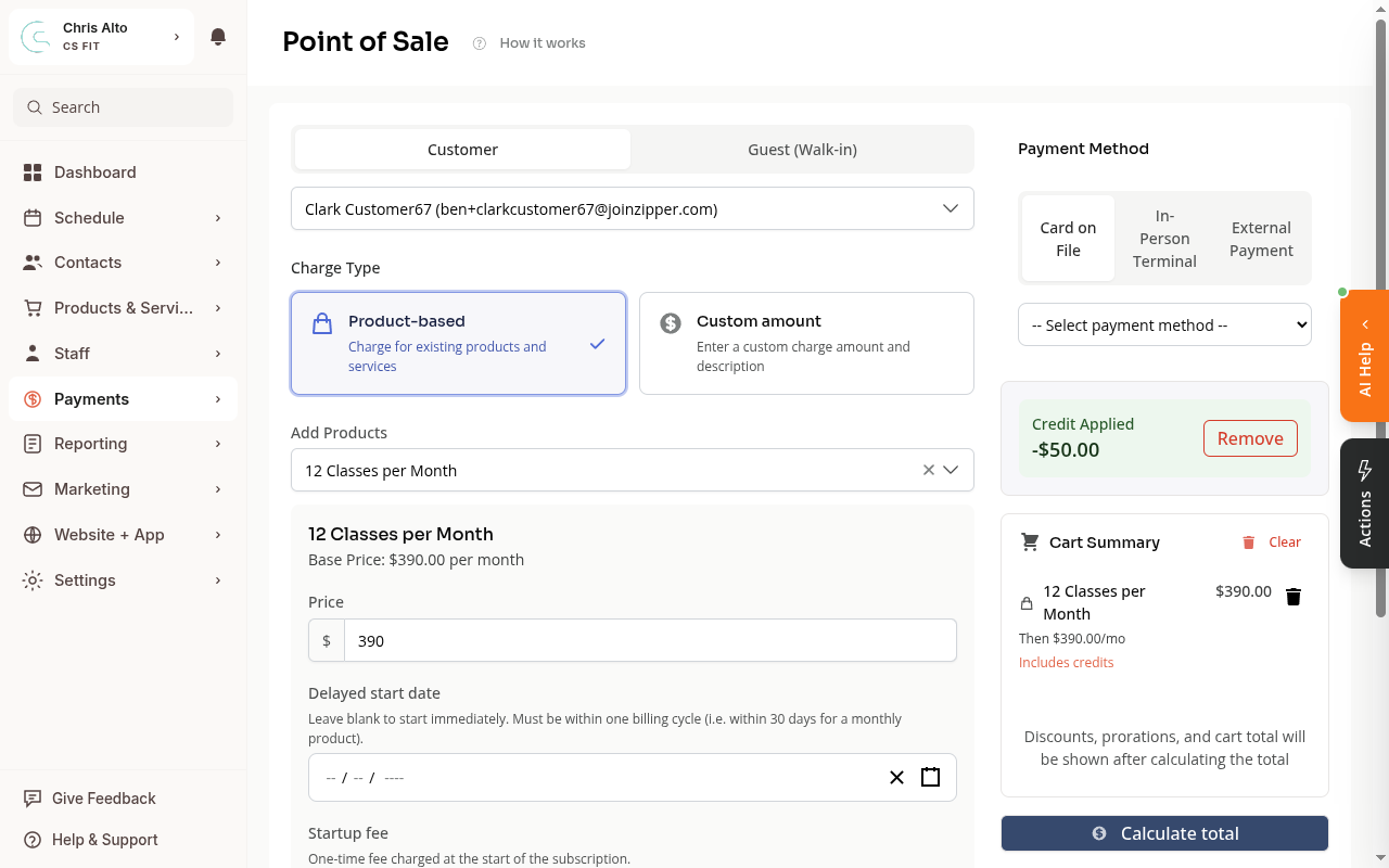 Point-of-Sale after clicking Apply Credit, showing Credit Applied -$50.00 line in the cart