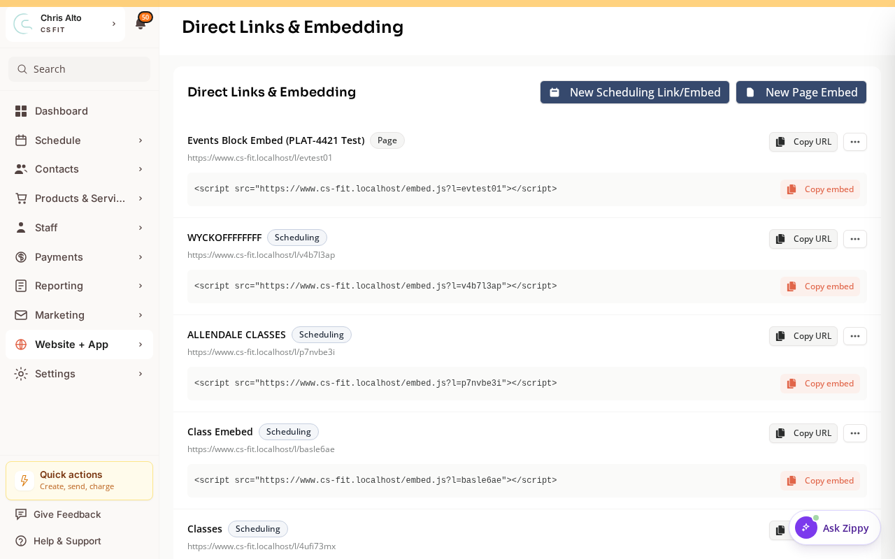The Direct Links & Embedding page with shareable links and Copy URL buttons