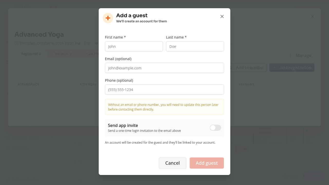 The Add a guest form with required first and last names, optional contact fields, and Send app invite