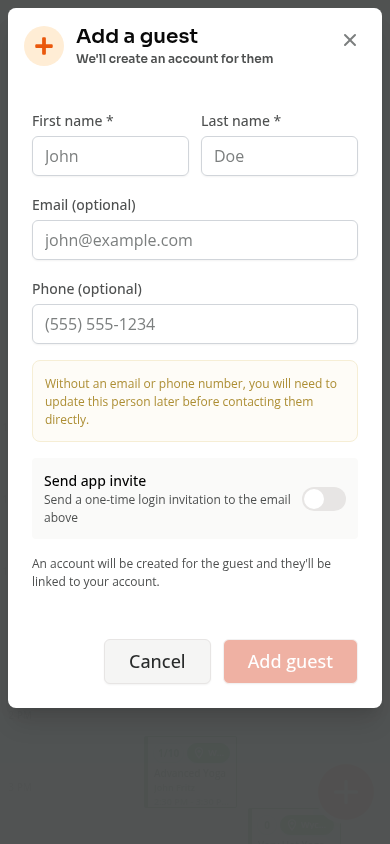 The mobile Add a guest form with optional email, phone, and app invite
